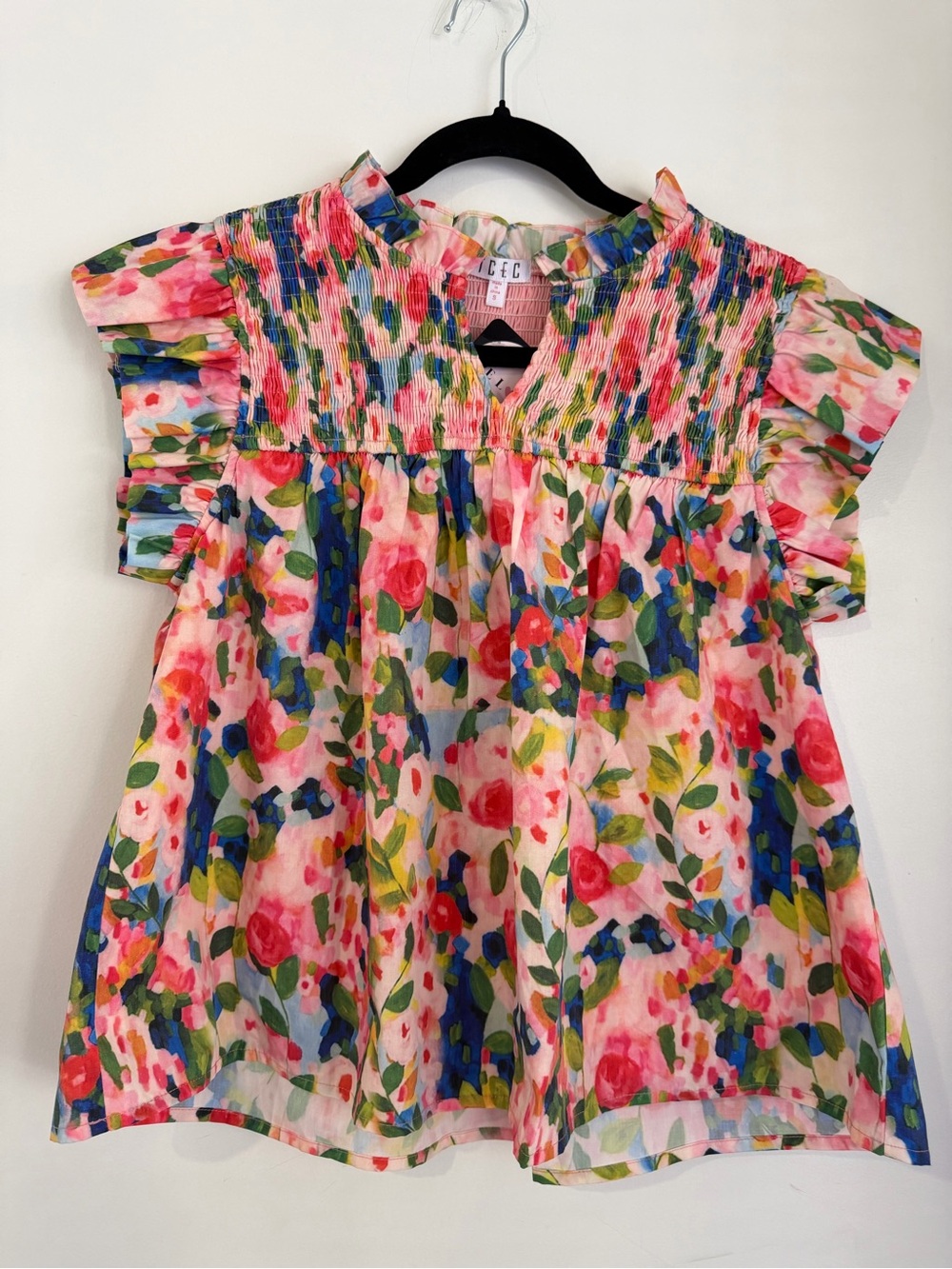 TCEC Pink Floral Ruffled Smocked Blouse NWOT